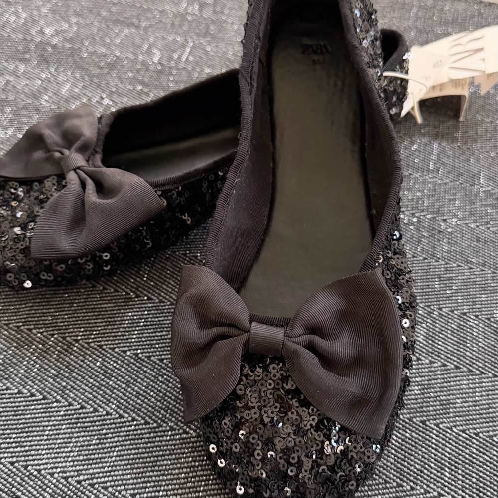 Zara Black Sequin Bow Kids Ballet Flats